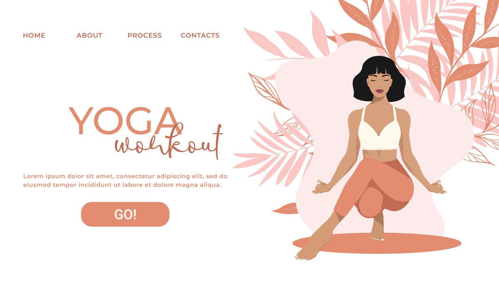 modelo de página da web para escola de ioga, estúdio. design moderno para um site. mulher fazendo um exercício de ioga, pose de ioga. em cores pastel. vetor