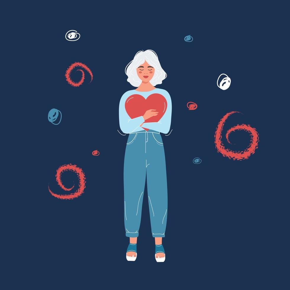 ilustração em vetor de uma menina segurando um coração. garota de jeans azul e blusa segurando um coração. amor por um cara. amor por si mesmo.