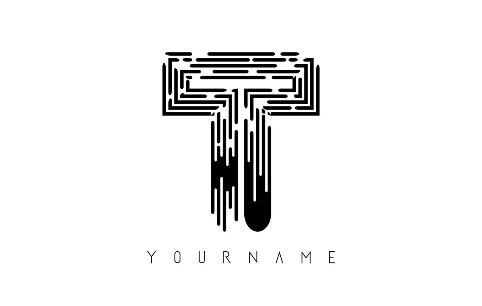 conceito de logotipo de letra preta t. monograma monocromático mínimo criativo com linhas e padrão de impressão digital. vetor