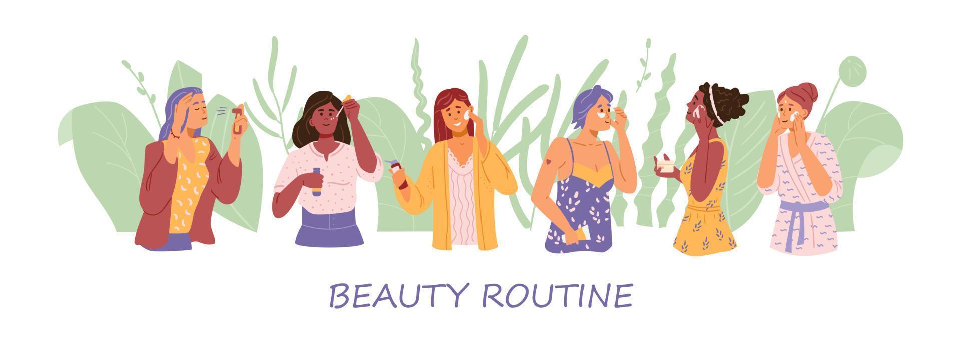 banner de vetor de mulheres multirraciais de rotina de cuidados com a pele e beleza. mulheres aplicando produtos cosméticos de limpeza e hidratantes.