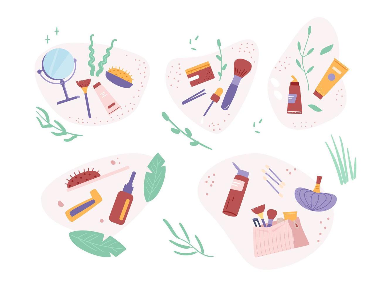 rotina de beleza e produtos cosméticos de cuidados com a pele e acessórios conjunto de ilustrações vetoriais planas. vetor