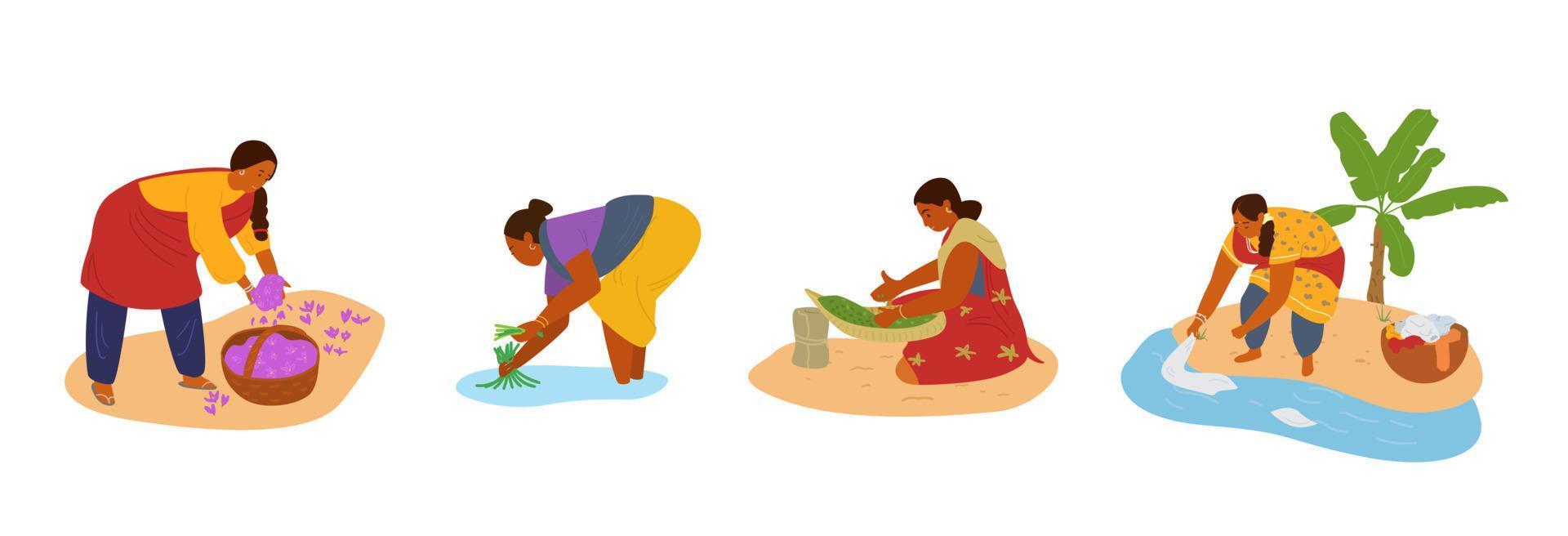 conjunto de vetores de mulheres indianas trabalhando. coletando açafrão, trabalhando no campo de arroz, selecionando ervas, lavando as mãos. trabalho manual.