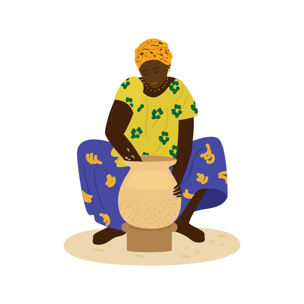 mulher africana em roupas coloridas, fazendo cerâmica. artesanato tradicional. trabalho manual. ilustração vetorial plana. vetor