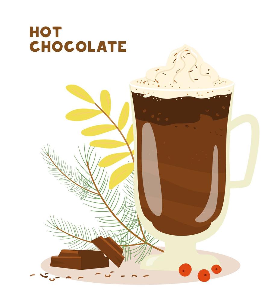 chocolate quente com creme em ilustração vetorial de copo de vidro alto. bebida quente. pedaços de chocolate, ramos de abeto. vetor