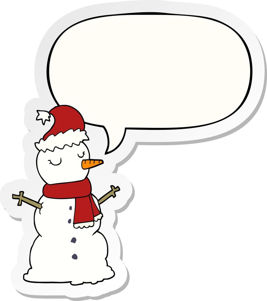 boneco de neve dos desenhos animados e adesivo de bolha de fala vetor