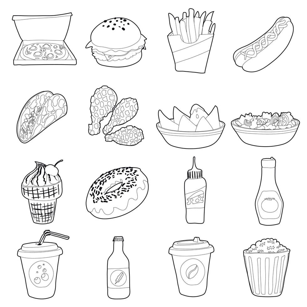 conjunto de ícones de fast food, estilo de estrutura de tópicos vetor