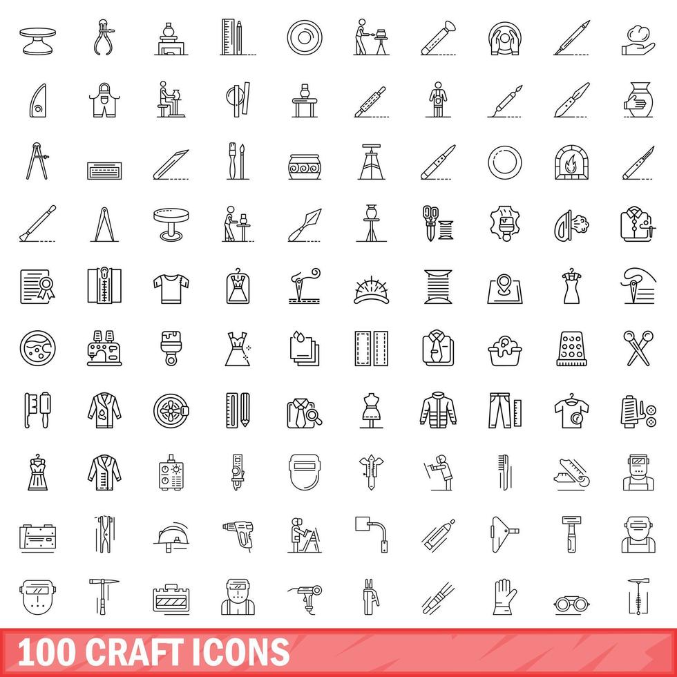 conjunto de 100 ícones de artesanato, estilo de contorno vetor
