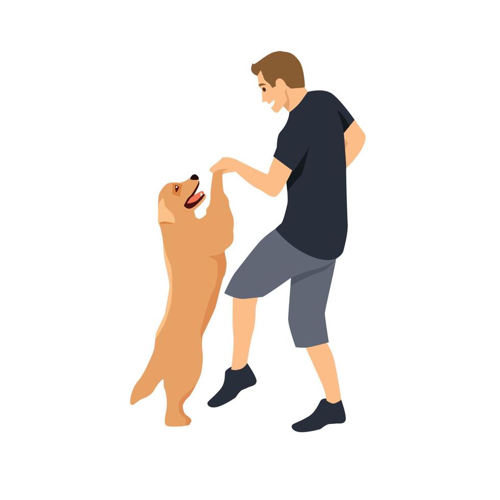 homem dançando com sua ilustração vetorial plana de cachorro golden retriever fofo isolada no fundo branco vetor