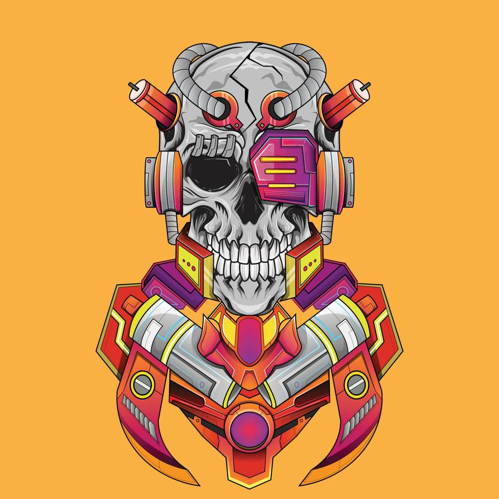 mascote mecha cyborg crânio para camiseta e sinal, cartaz, cartão, banner, camiseta, emblema. vetor