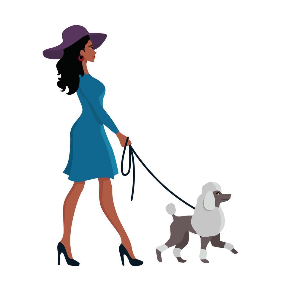 mulher bonita passeando com seu cachorro com estilo. design de ilustração vetorial plana vetor