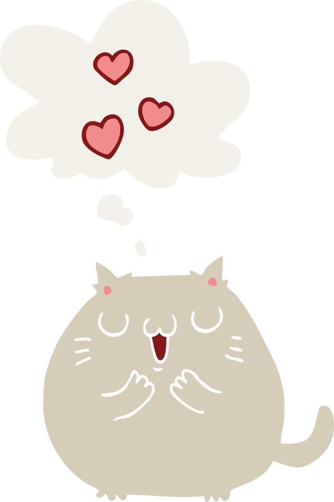 gato bonito dos desenhos animados apaixonado e balão de pensamento em estilo retrô vetor