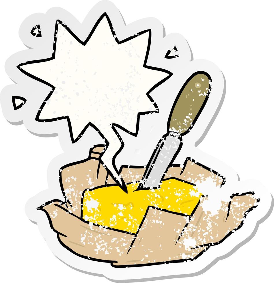 adesivo tradicional de desenho animado de manteiga e faca e bolha de fala vetor