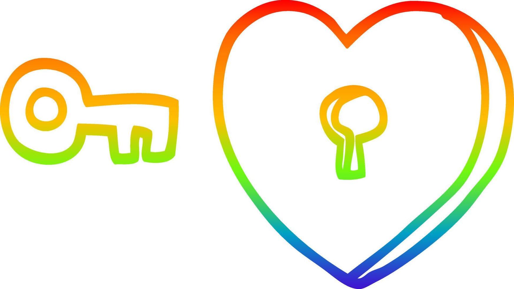 desenho de linha de gradiente de arco-íris coração e chave de desenho animado vetor