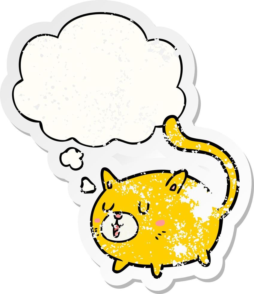 desenho animado gato feliz e bolha de pensamento como um adesivo desgastado vetor