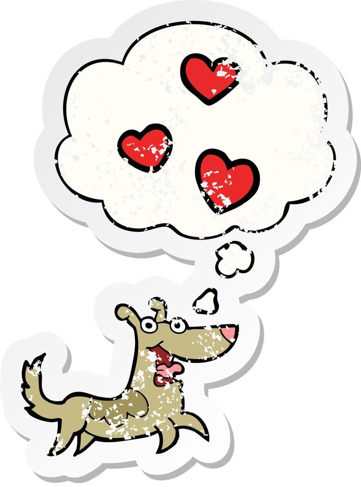 cão de desenho animado com corações de amor e balão de pensamento como um adesivo desgastado vetor