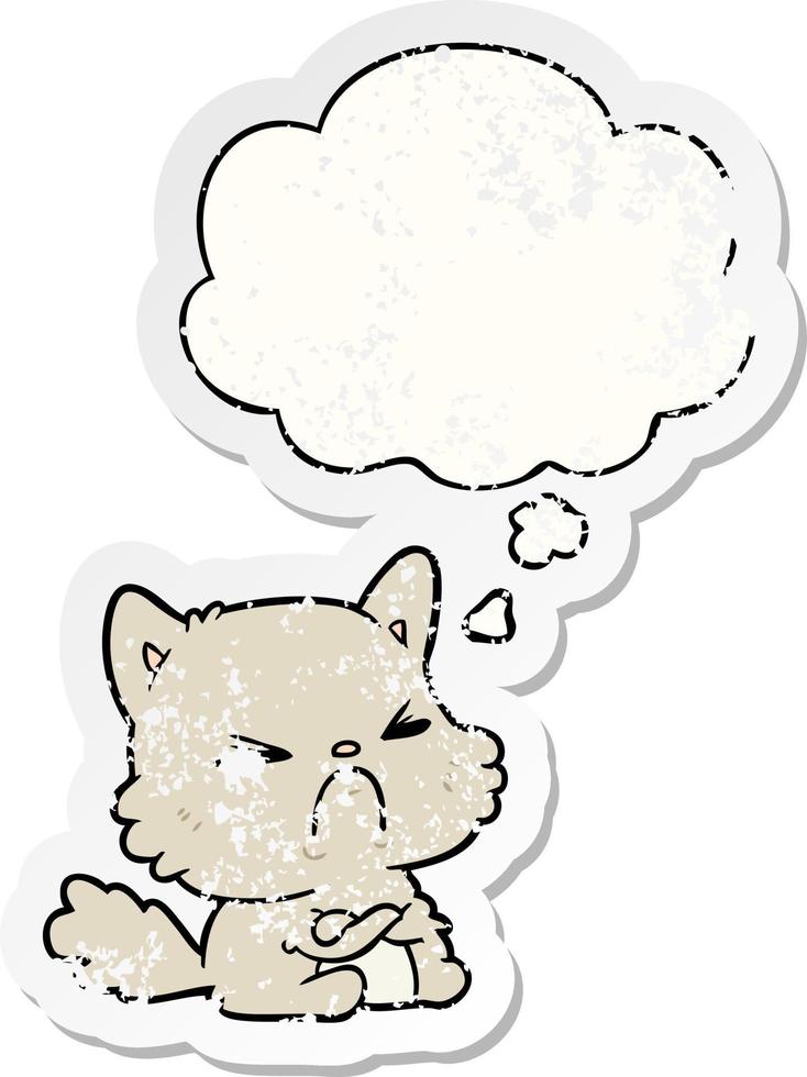 desenho animado gato bravo e bolha de pensamento como um adesivo desgastado vetor