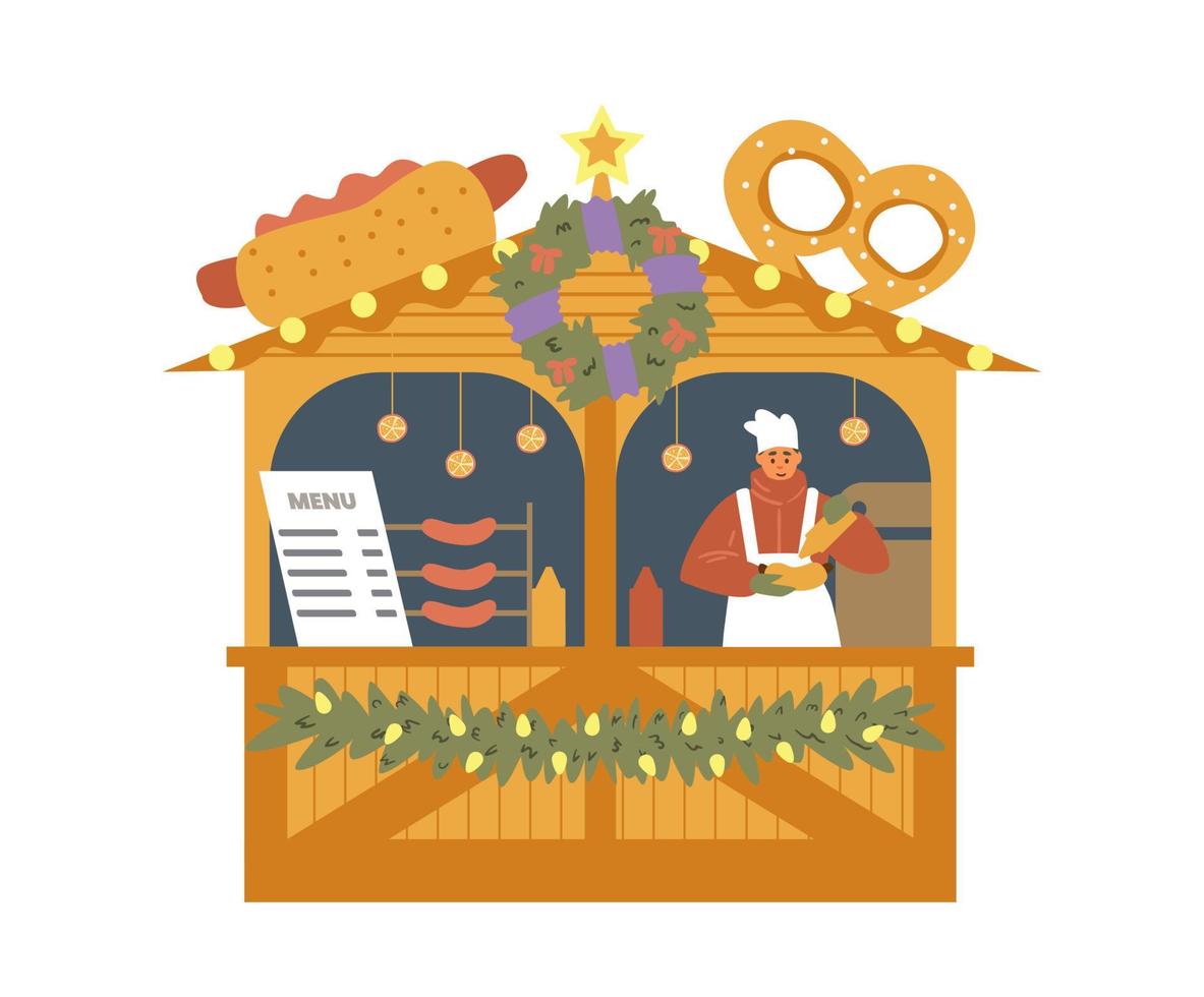 comida de rua cachorros-quentes e pretzels barraca com vendedor e decoração de natal ilustração vetorial plana. isolado no branco. vetor