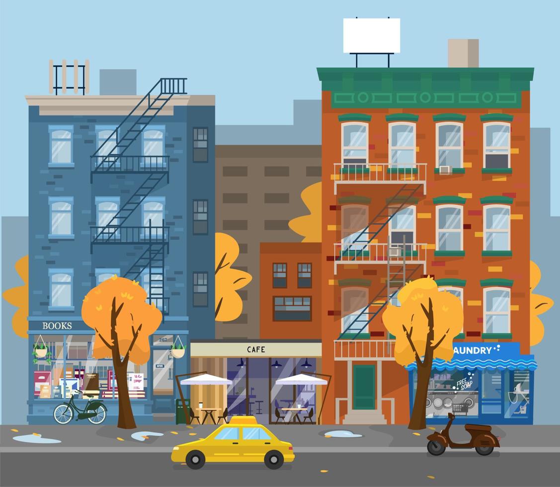 ilustração em vetor de paisagem urbana de outono. tempo chuvoso na cidade. lavanderia, café e livrarias, táxi, scooter. árvores amarelas. estilo plano.
