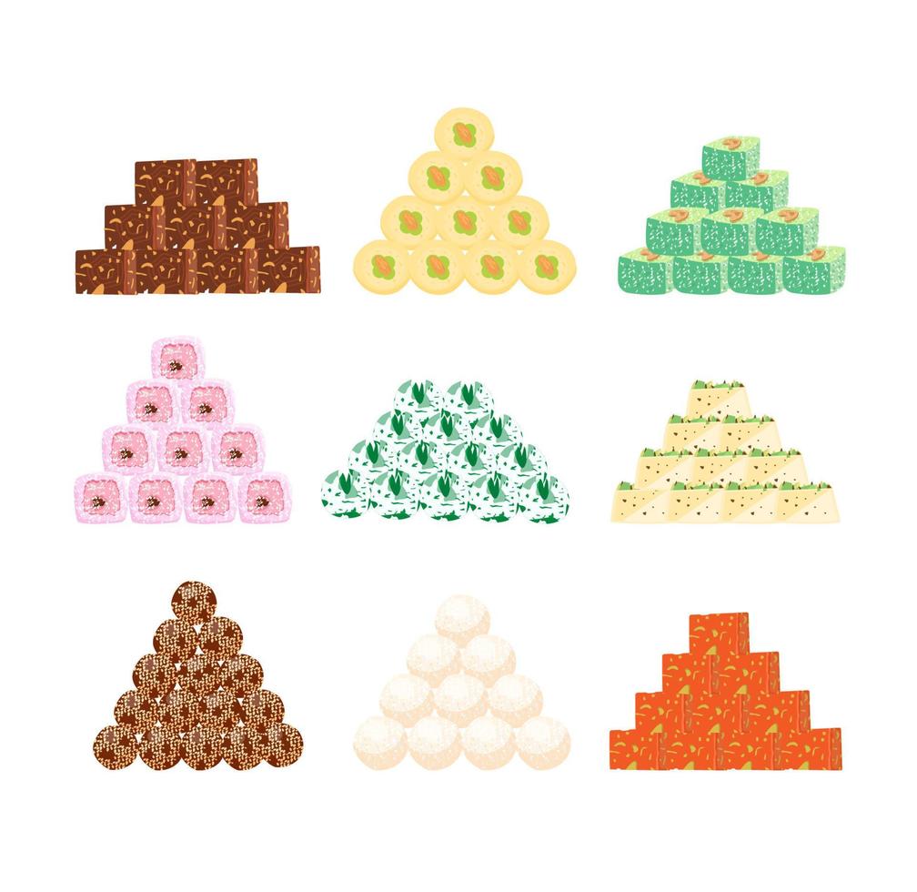 grande conjunto de vetores de diferentes doces asiáticos em pirâmides. ilustração vetorial plana.
