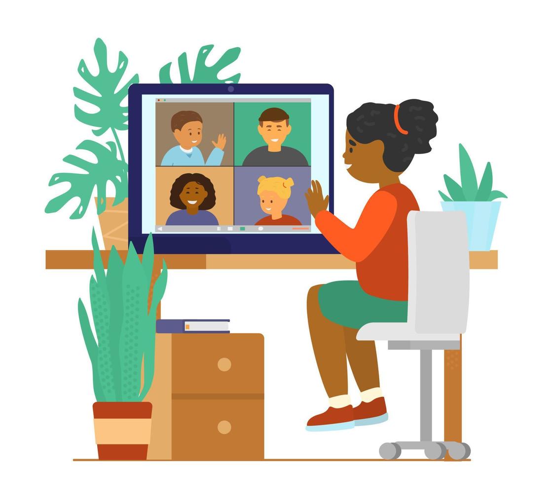 bate-papo por videoconferência para crianças. crianças de etnias diferentes se conectando. comunicação online. ilustração vetorial plana. vetor