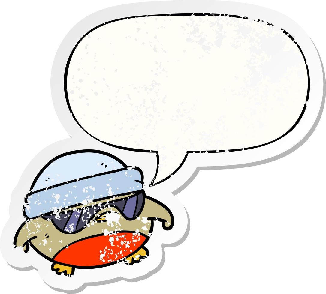 desenho animado legal do robin de natal e óculos de sol e adesivo angustiado de bolha de fala vetor