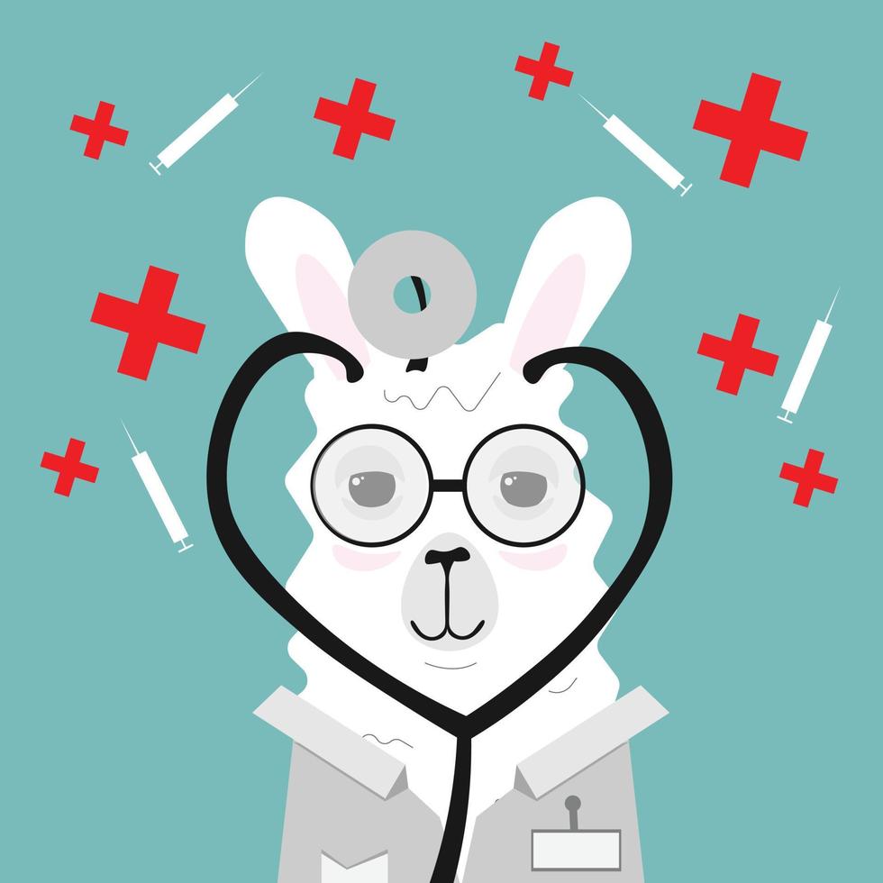médico lama ou alpaca em um roupão com distintivo, estetoscópio e óculos. símbolos da cruz vermelha da medicina e seringa no fundo. ilustração vetorial vetor