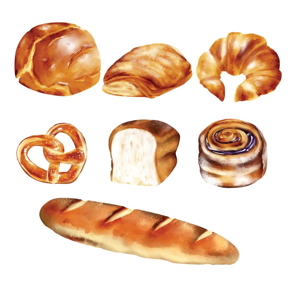 conjunto de pão e pastelaria de trigo padaria pintura em aquarela ilustração vetorial isolar em branco vetor
