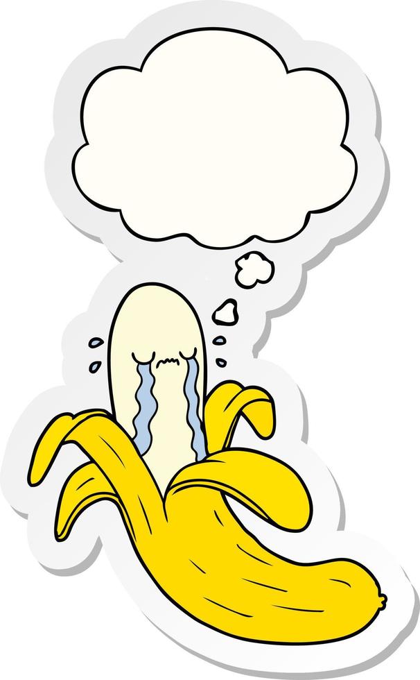 desenho animado banana chorando e balão de pensamento como um adesivo impresso vetor