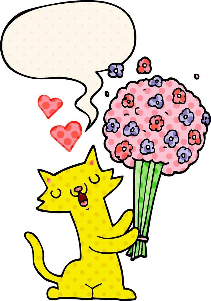 gato de desenho animado apaixonado e flores e bolha de fala no estilo de quadrinhos vetor