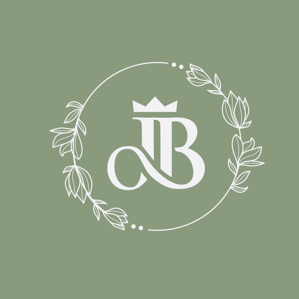 letra jb com coroa com guirlanda floral desenhada à mão deixa quadro de círculo vetor