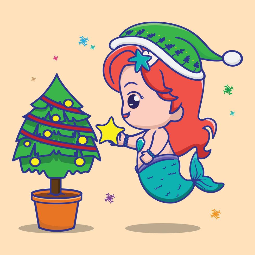 linda sereia decorando a árvore de natal, para obras de arte de moda infantil, livros infantis, cartões de felicitações. vetor