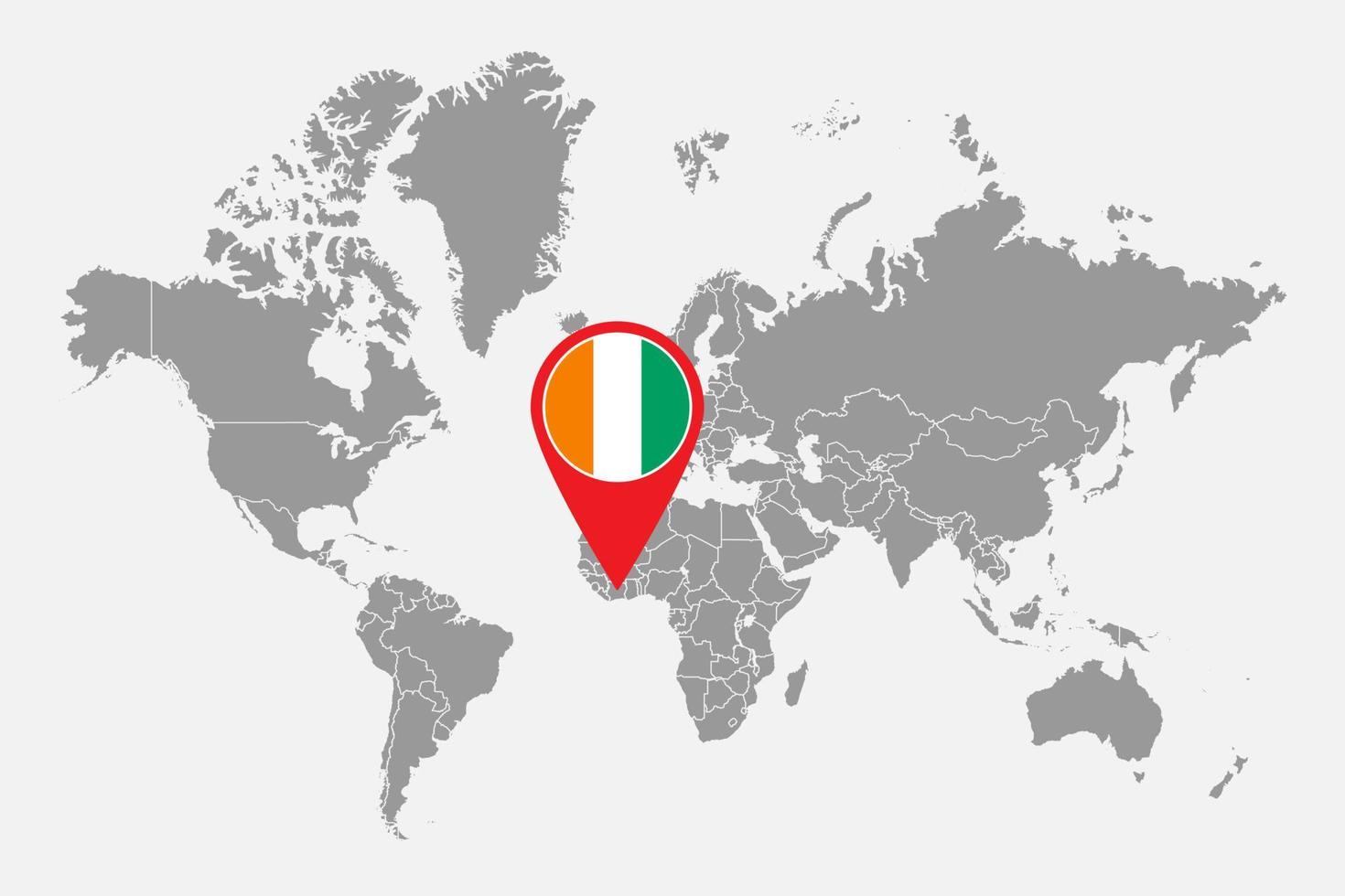 mapa de pinos com bandeira da costa do marfim no mapa do mundo. ilustração vetorial. vetor