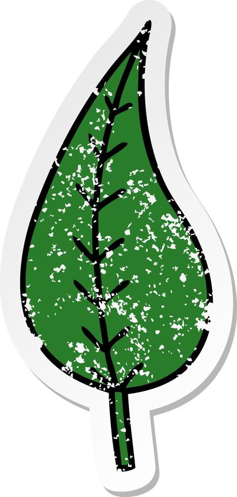 adesivo angustiado de uma folha verde de desenho animado fofo vetor