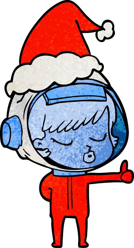 desenho texturizado de uma garota bonita astronauta dando polegares para cima usando chapéu de papai noel vetor