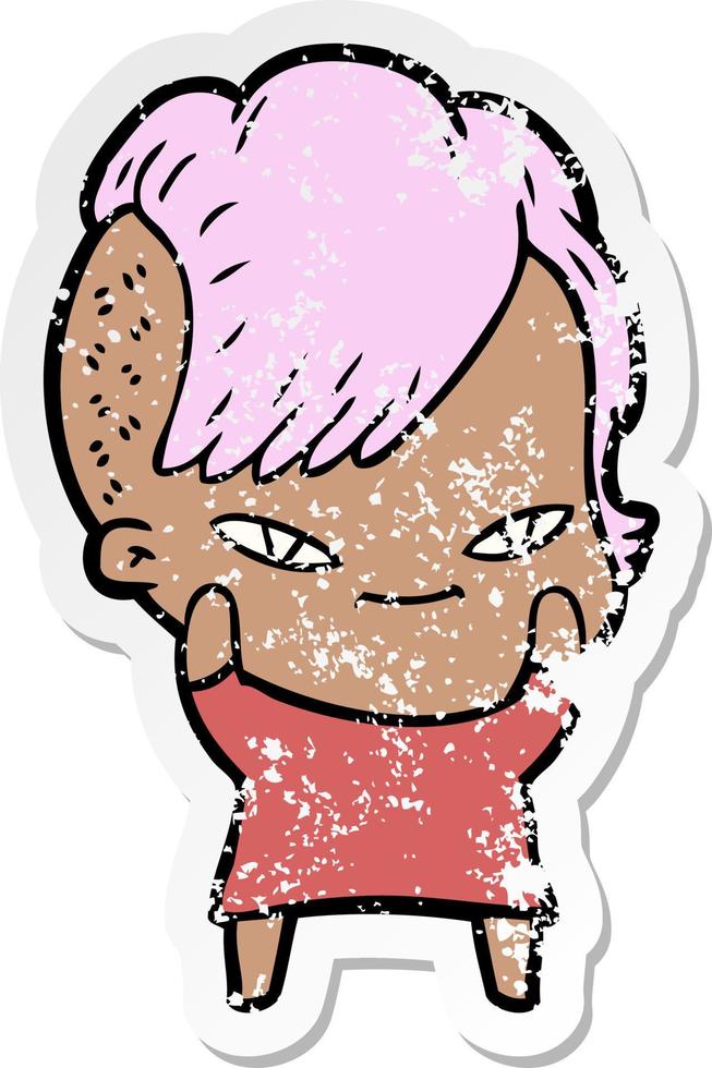 adesivo angustiado de uma linda garota de desenho animado com corte de cabelo hipster vetor