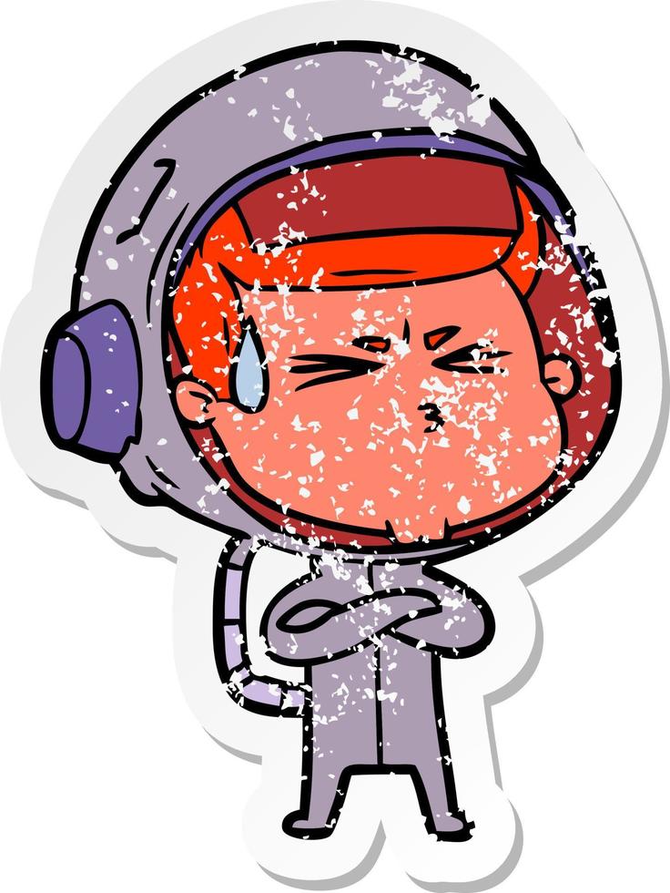 adesivo angustiado de um astronauta estressado de desenho animado vetor