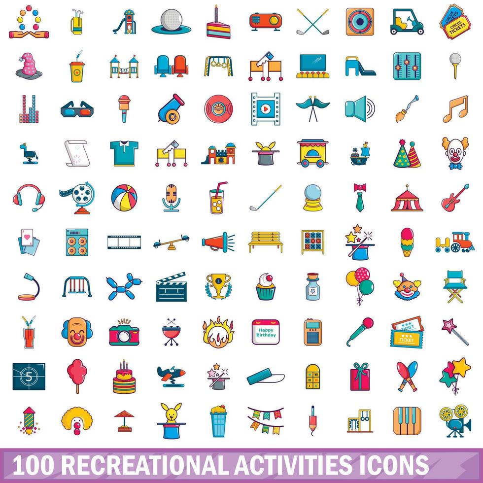 conjunto de 100 ícones de atividades recreativas, estilo cartoon vetor