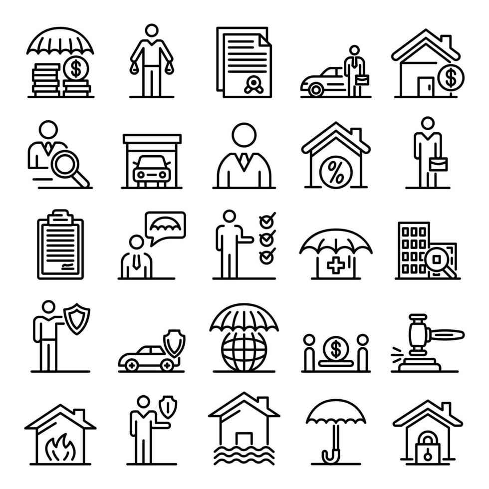 conjunto de ícones de agente de seguros, estilo de estrutura de tópicos vetor