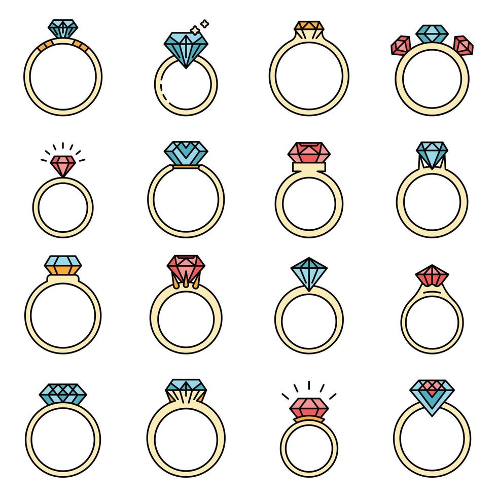 conjunto de ícones de anel de diamante plano de vetor