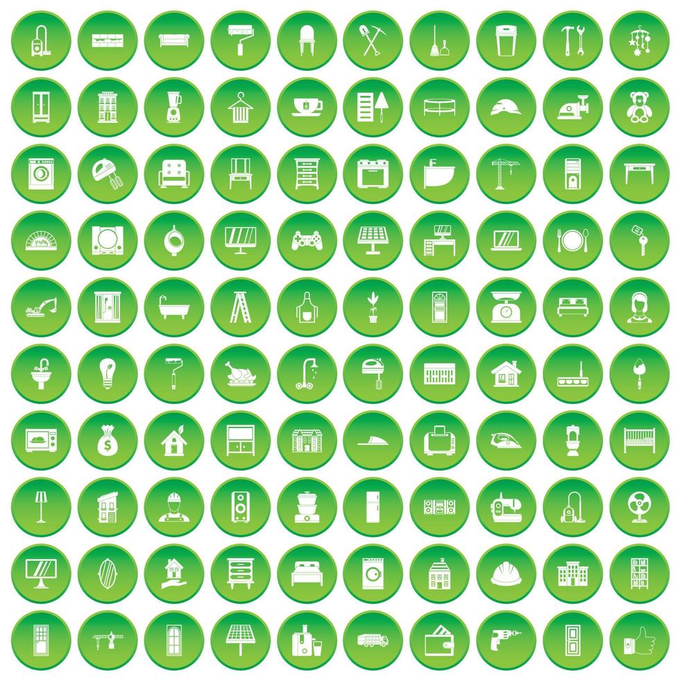 100 ícones de casa confortável definir círculo verde vetor