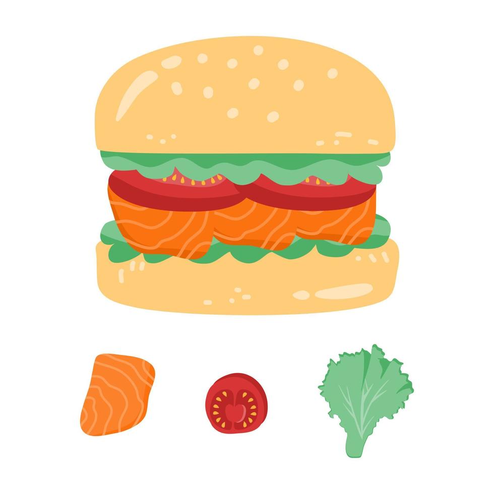 hambúrguer com pão branco, fatias de salmão vetor