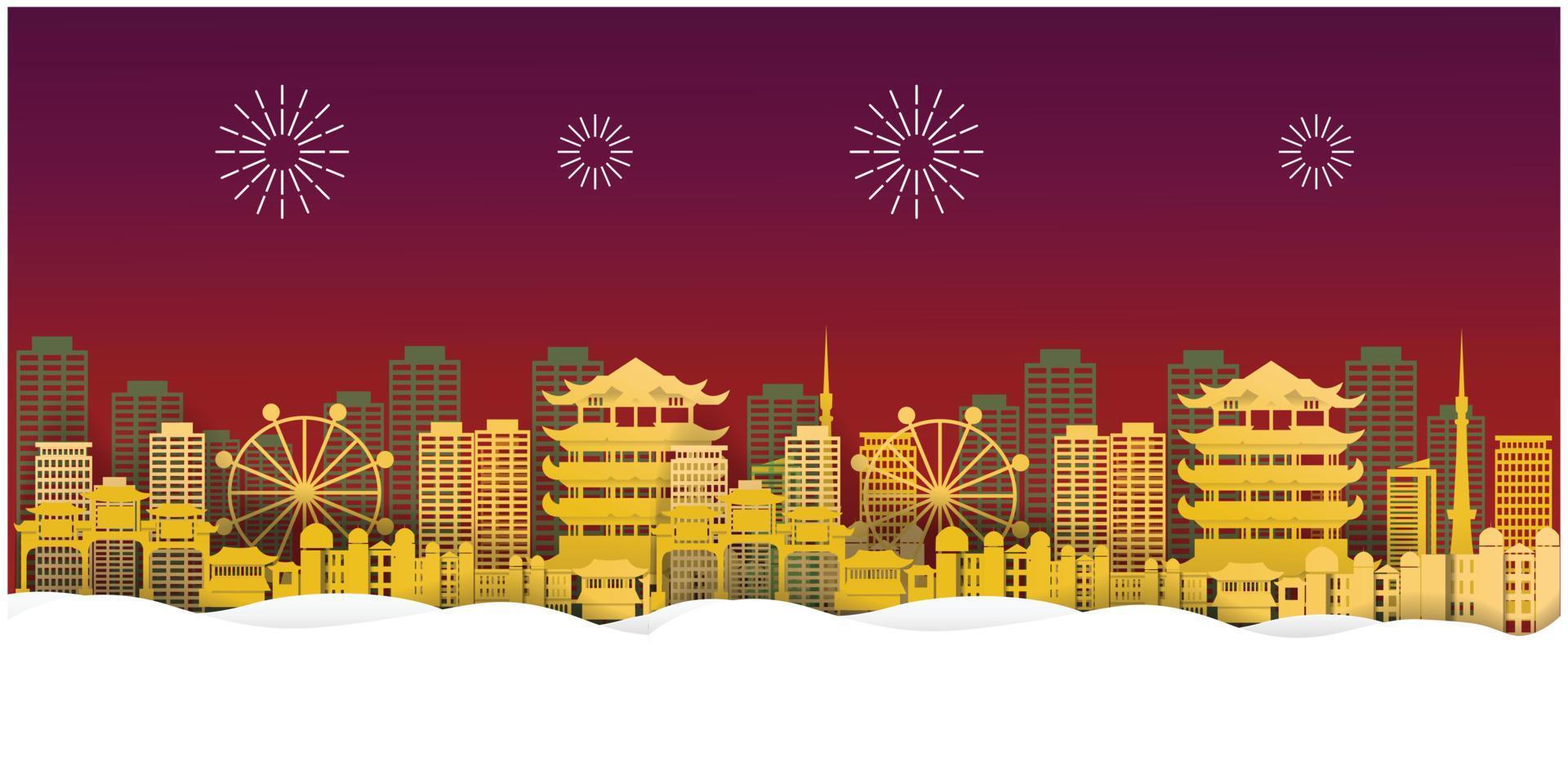 feliz ano novo chinês com design de vetor de estilo de corte de papel da cidade