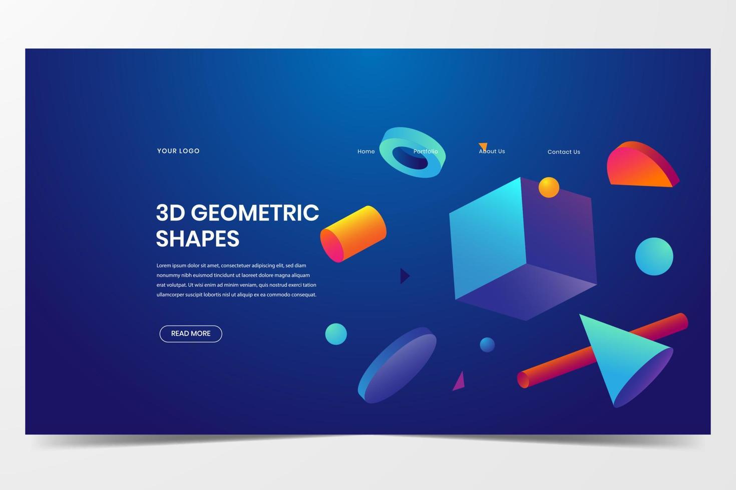 design de página de destino de formas geométricas 3D em fundo azul vetor