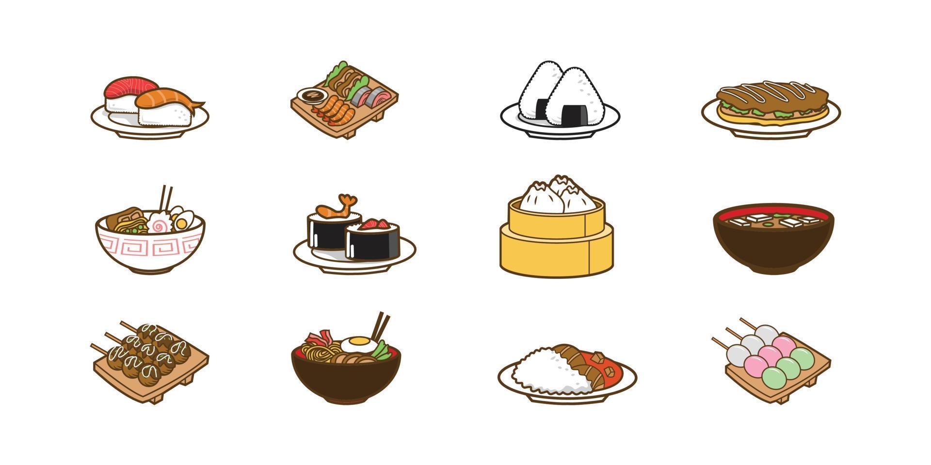 conjunto de design de ilustração vetorial de desenhos animados de comida japonesa vetor