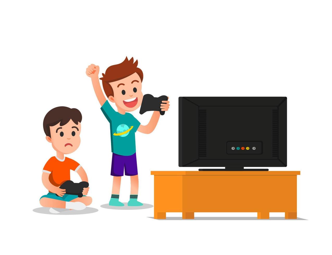 um menino jogando videogame com seu amigo vetor