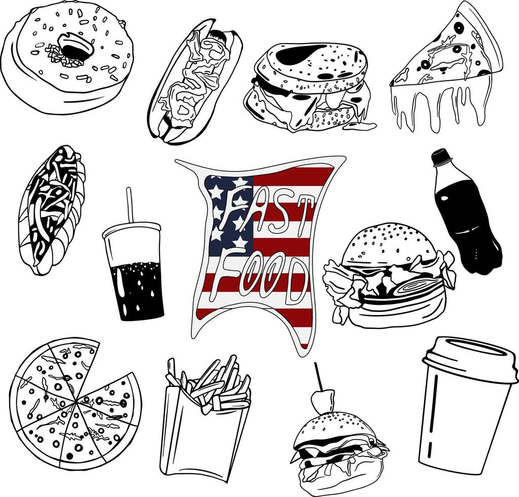 doodle preto de conjunto de fast-food. ilustração de comida de rua desenhada à mão. arte de linha de ilustração de texto de fast food com a bandeira dos eua vetor