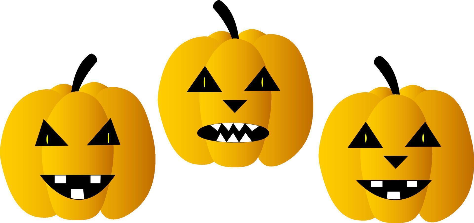 três abóboras com rostos de monstros assustadores em um feliz feriado de halloween. vetor isolado no fundo branco