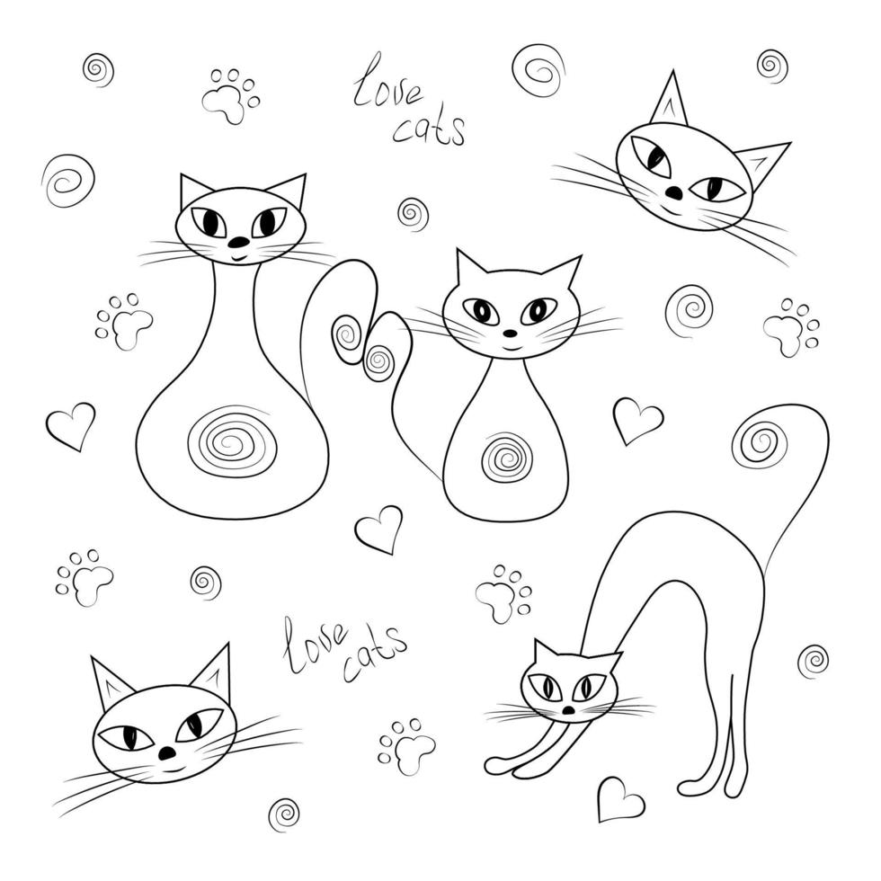 contornos de um conjunto de gatos engraçados. gato adulto e gatinho, costas arqueadas, cara de gato e enfeites vetor