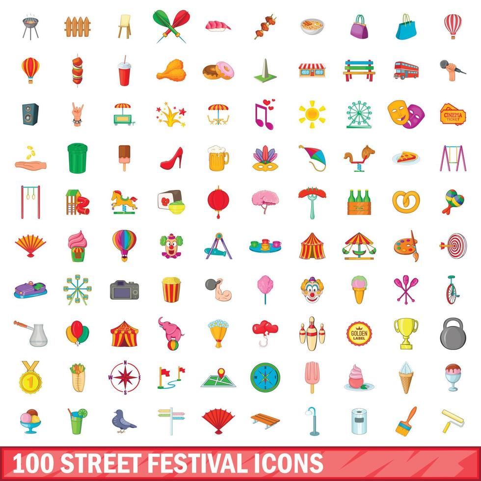 conjunto de 100 ícones do festival de rua, estilo cartoon vetor