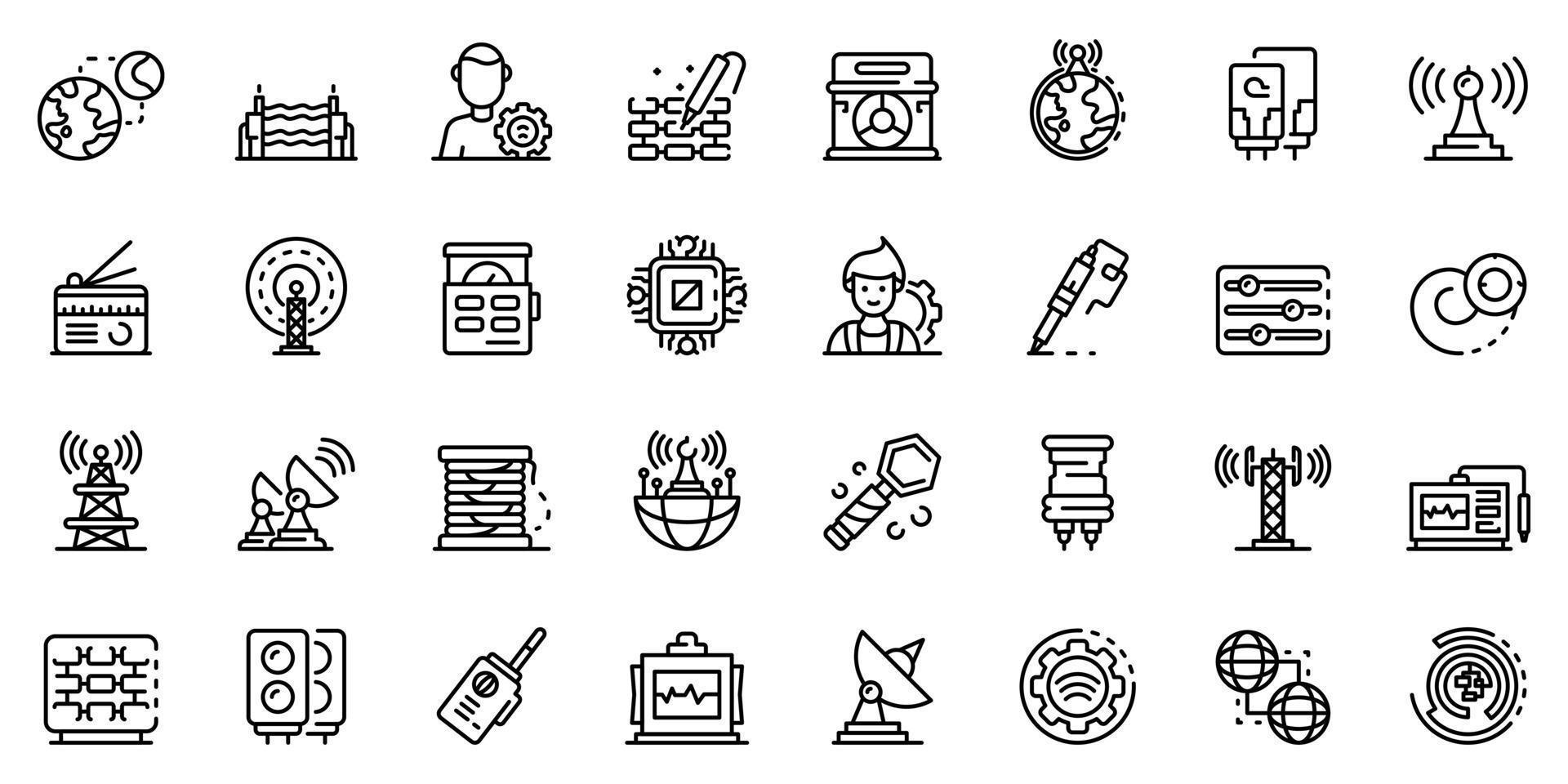 conjunto de ícones de engenheiro de rádio, estilo de estrutura de tópicos vetor